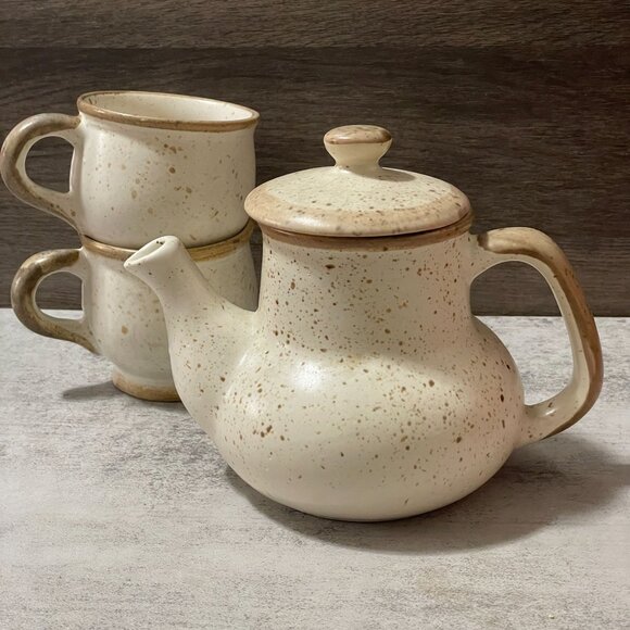 Vintage Early Laurentian Art Pottery 4 PC Covered Teapot 2 Matching Cups Canada - Picture 1 of 7
